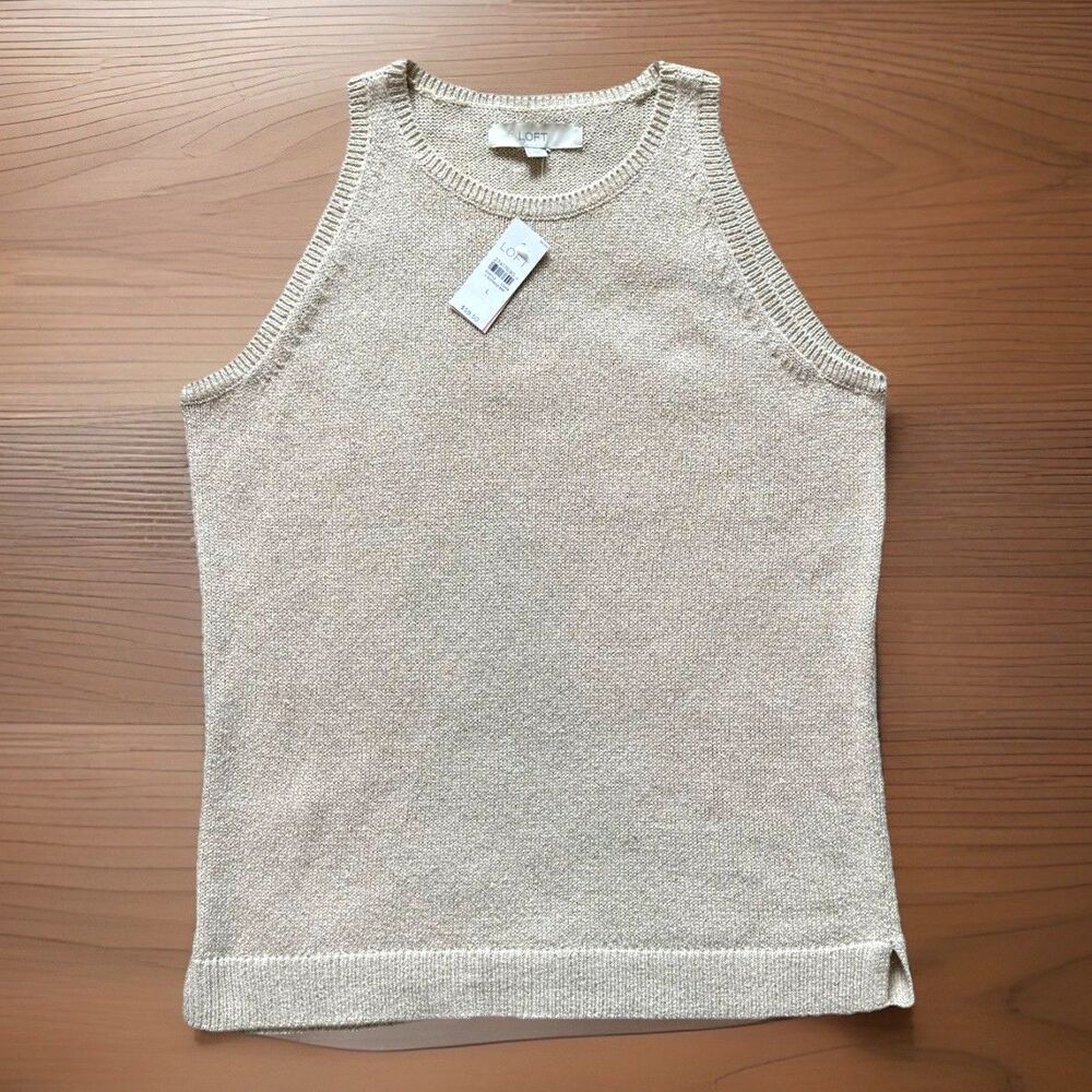 Loft Sleeveless Knit Sweater Tank Top NWT Size Large Beige High Neck Shimmer